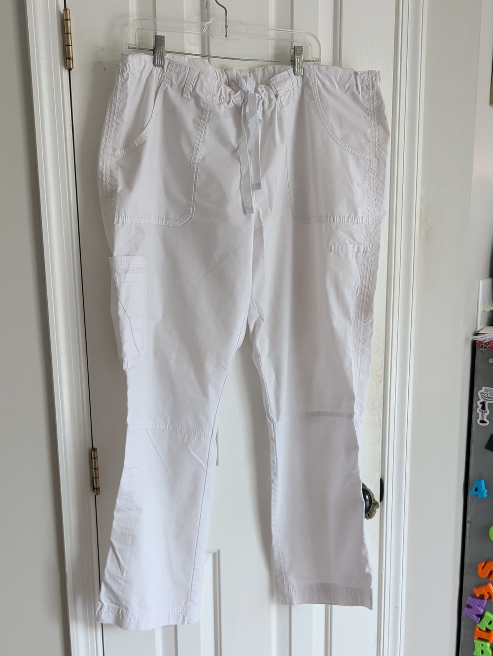 Landau White Women's Cargo Scrub Pants with Drawstring